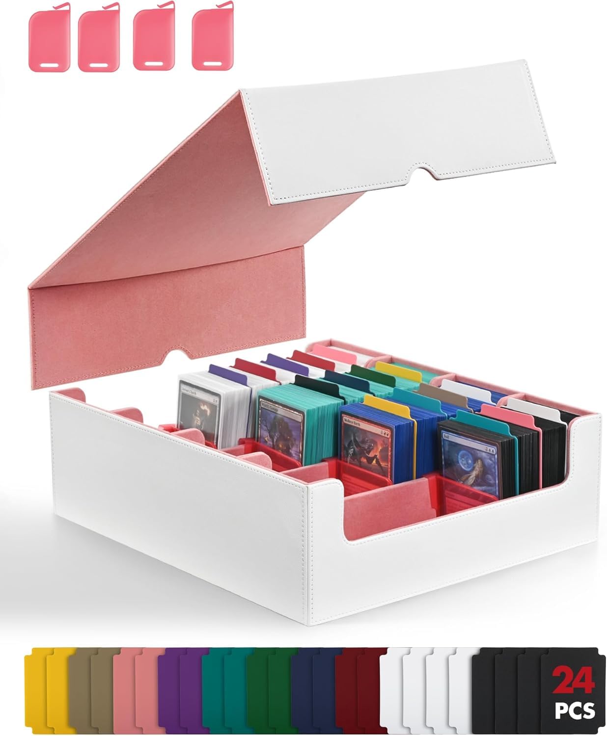 TINTEK Card Storage Box For Trading Cards With Dedicated Supporters,3000+ Mtg Deck Box With 24 Colorful Divider Tabs,Trading Card Storage Fits For TCG Game (PINK-WHITE)