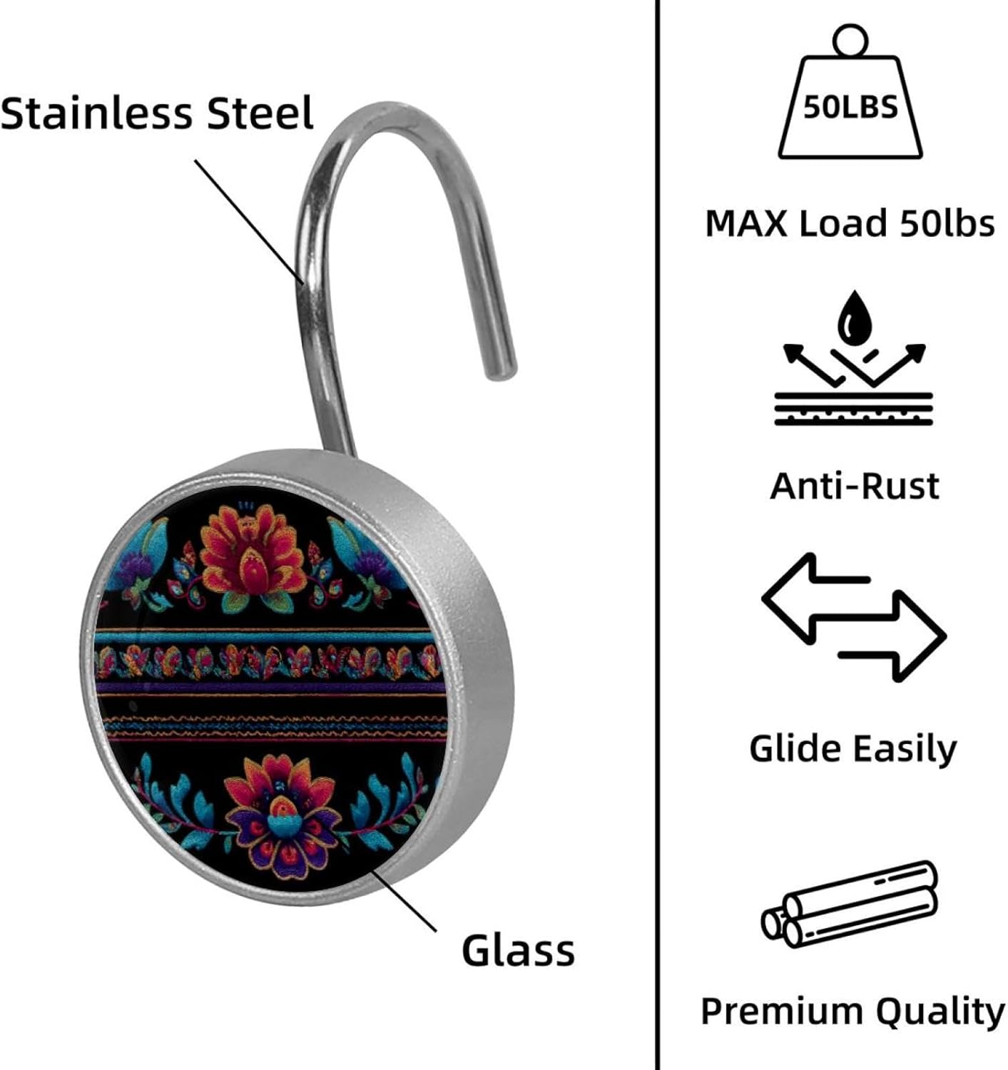 12PCS Motifs African Boho Paisley Floral (12) Shower Curtain Hooks Rings for Bathroom, Decorative Shower Curtain Hooks Rods Curtains and Liner