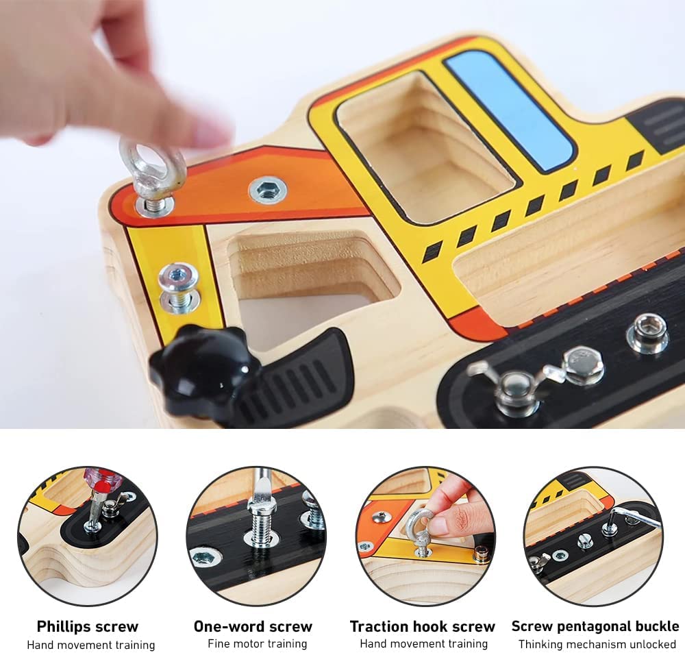 Planche à Vis Montessori - Jouet Bois Camion Pompier - Tournevis Et écrous - Développe Motricité - Enfants 3-6 Ans