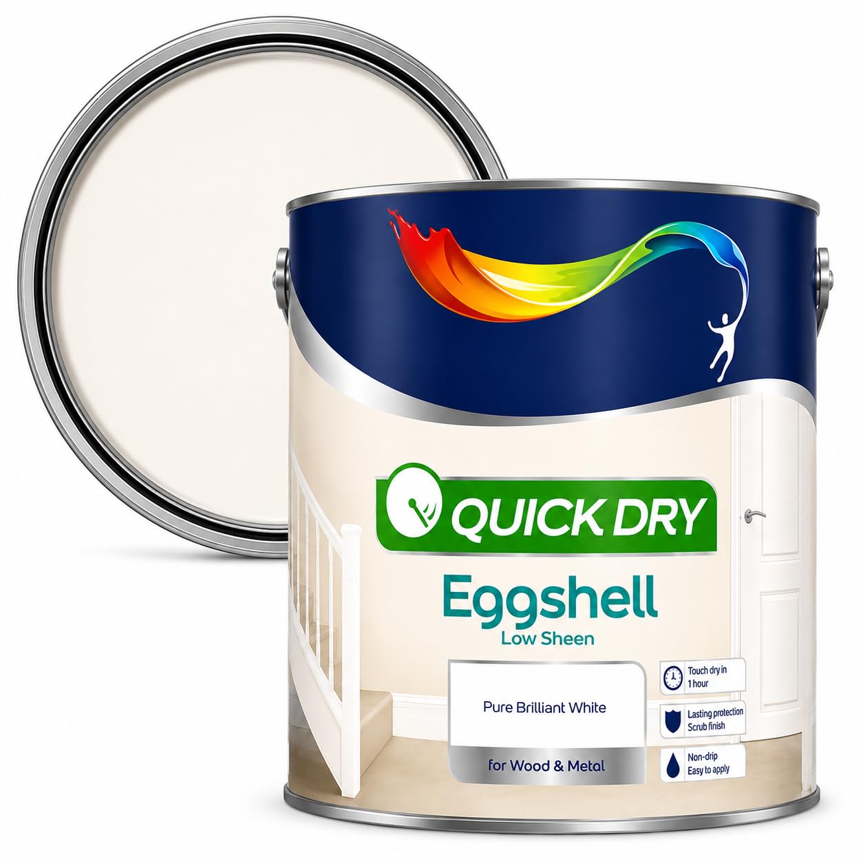 Quick Dry Eggshell Paint 750ml Pure Brilliant White | Covers up to 9m² per Coat | Durable, Washable Low Sheen Finish for Walls, Woodwork, Doors & Trim
