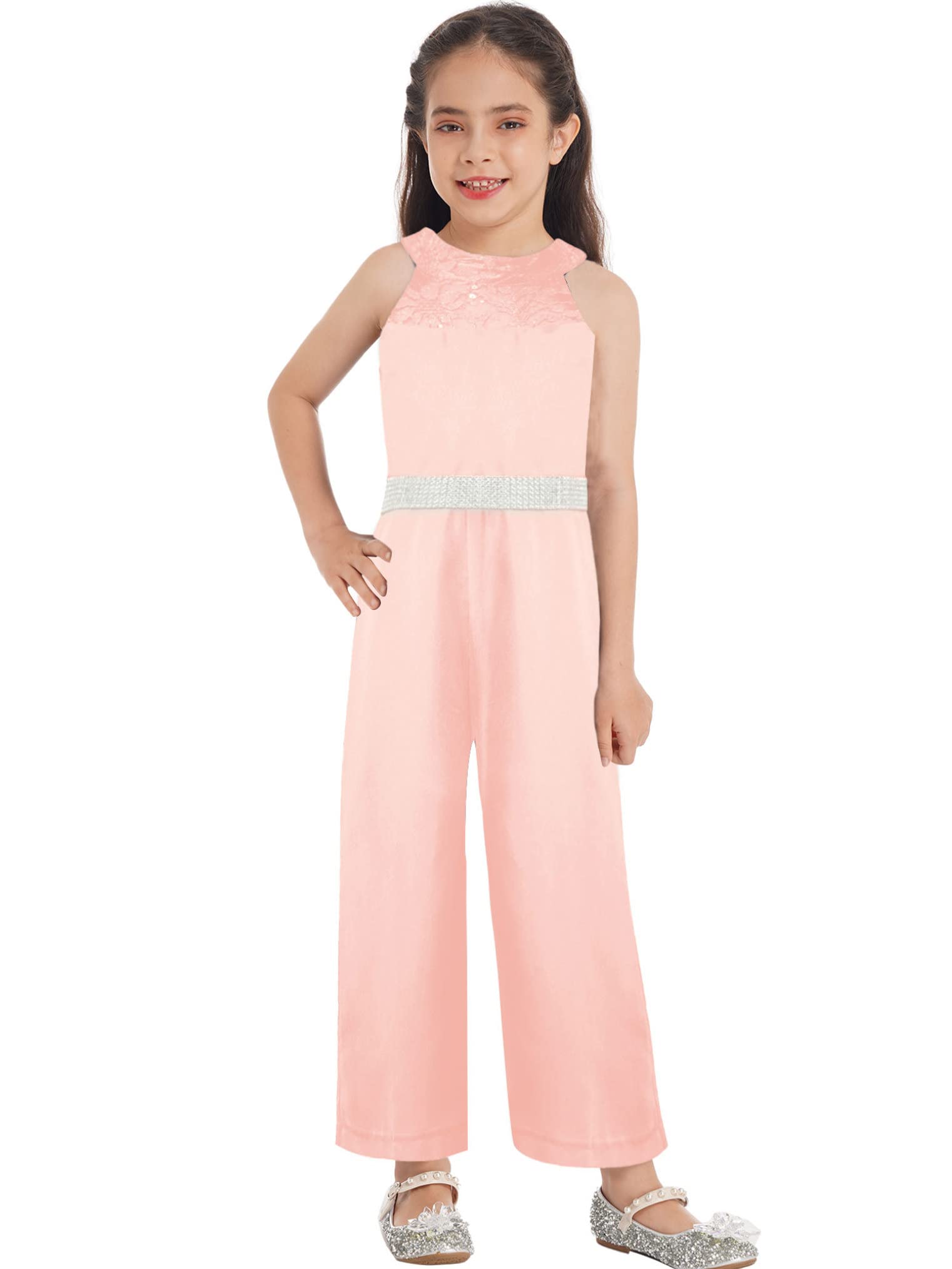Freebily Mono Elegante de Ceremonia para Niñas sin Manga con Cintura Pedrería Brillante Mono de Fiesta Boda Coctel Dama de Honor Vestido de Vestir 3-14 años