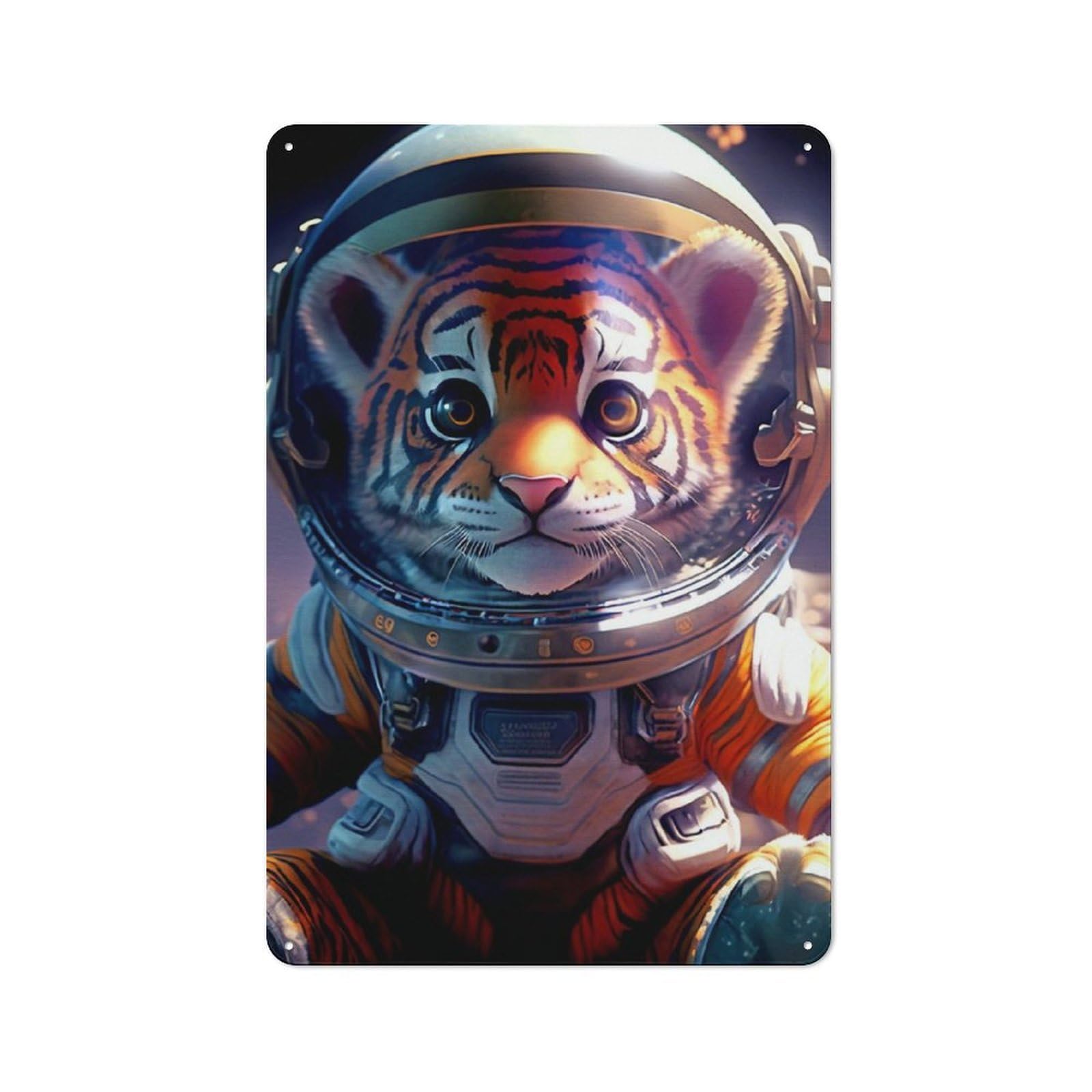 Junmoney Tiger Astronaut Decorative Tin Sign With Design 30X20cm, Classic Retro Room Decor For Kitchen, Hallway, Bar Or Small Cafe