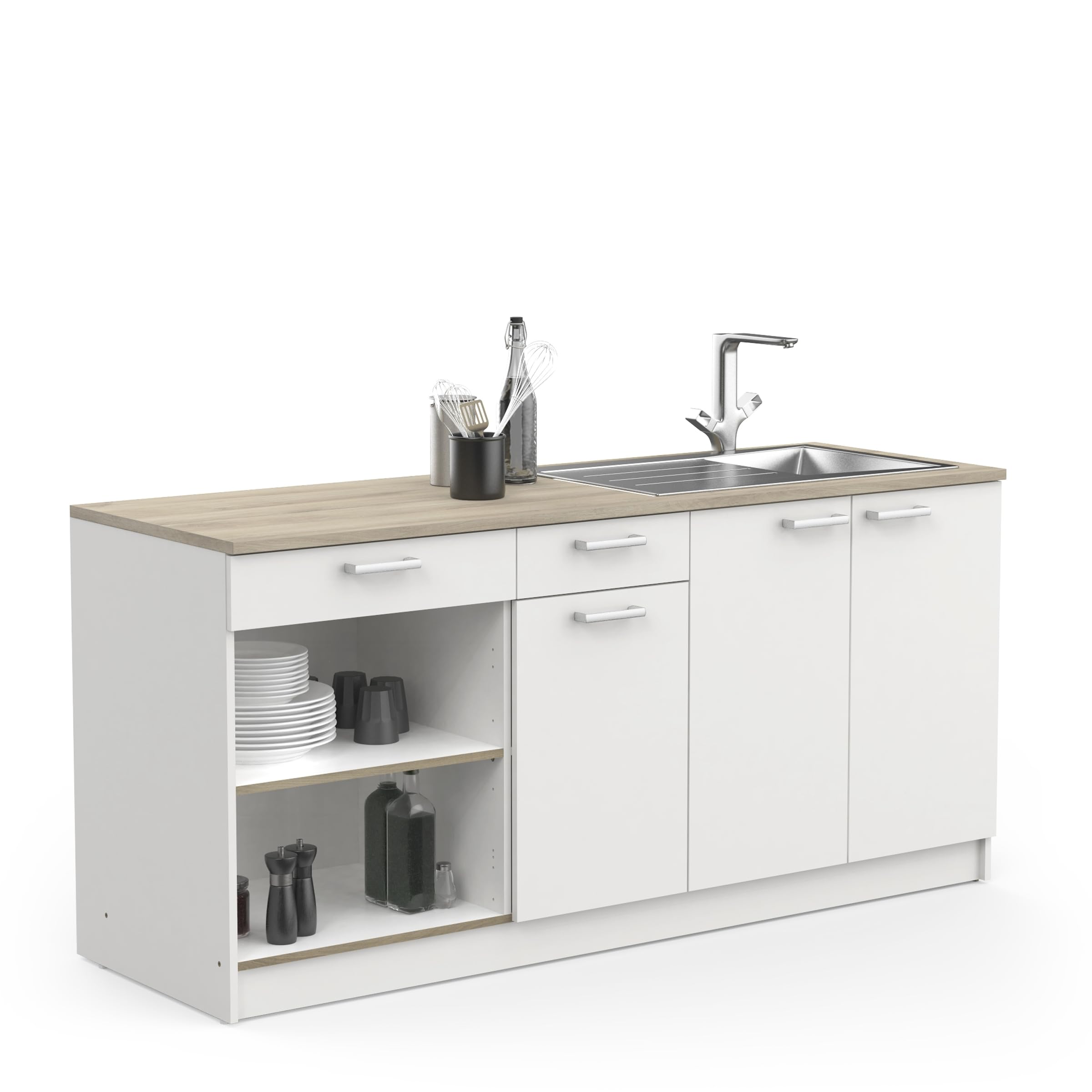 möbelando Miniküche >Cooking< in Matt weiß - 180x82,5x60cm (BxHxT)