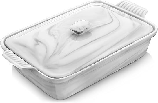 MALACASA Casserole Dish With Lid, 3.4 Quart Baking Dish With Lid, Lasagna Pan Deep Ceramic Bakeware Covered Casserole Dish, Microwave, Oven Safe, Series BAKE-GREY