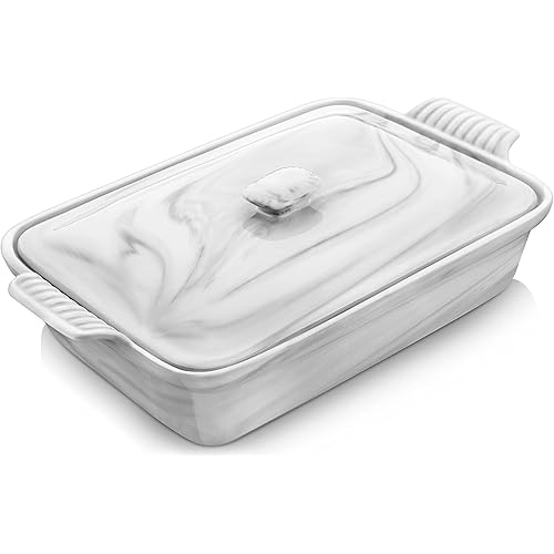 MALACASA Casserole Dish With Lid, 3.4 Quart Baking Dish With Lid, Lasagna Pan Deep Ceramic Bakeware Covered Casserole Dish, Microwave, Oven Safe, Series BAKE-GREY