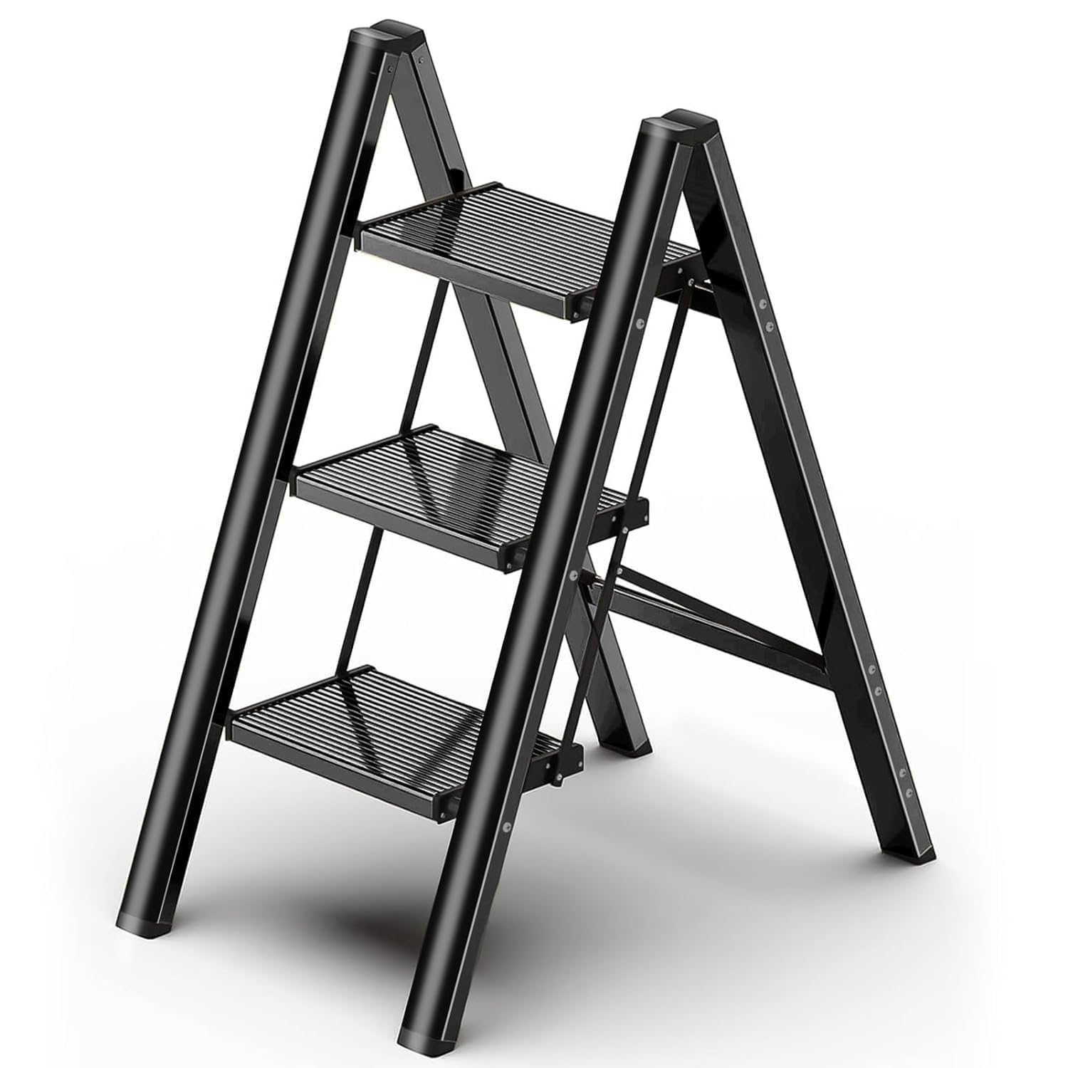 Brikipth Thickened Carbon Steel Portable Lightweight Ladder for Home and Office Use, Kitchen Step Stool 150KG Capacity, Black 3 Step Ladder, Folding Step Stool with Wide Anti-Slip Pedal