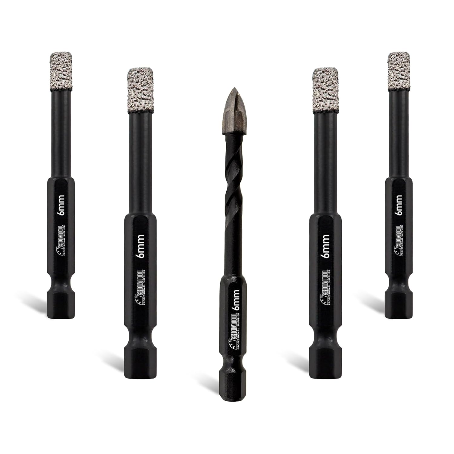 SHDIATOOL Porcelain Tile Diamond Drill Bits, 5pcs 6mm Quick Change Shank Diamond Core Drill Bit for Tile Ceramic Marble Granite Stone