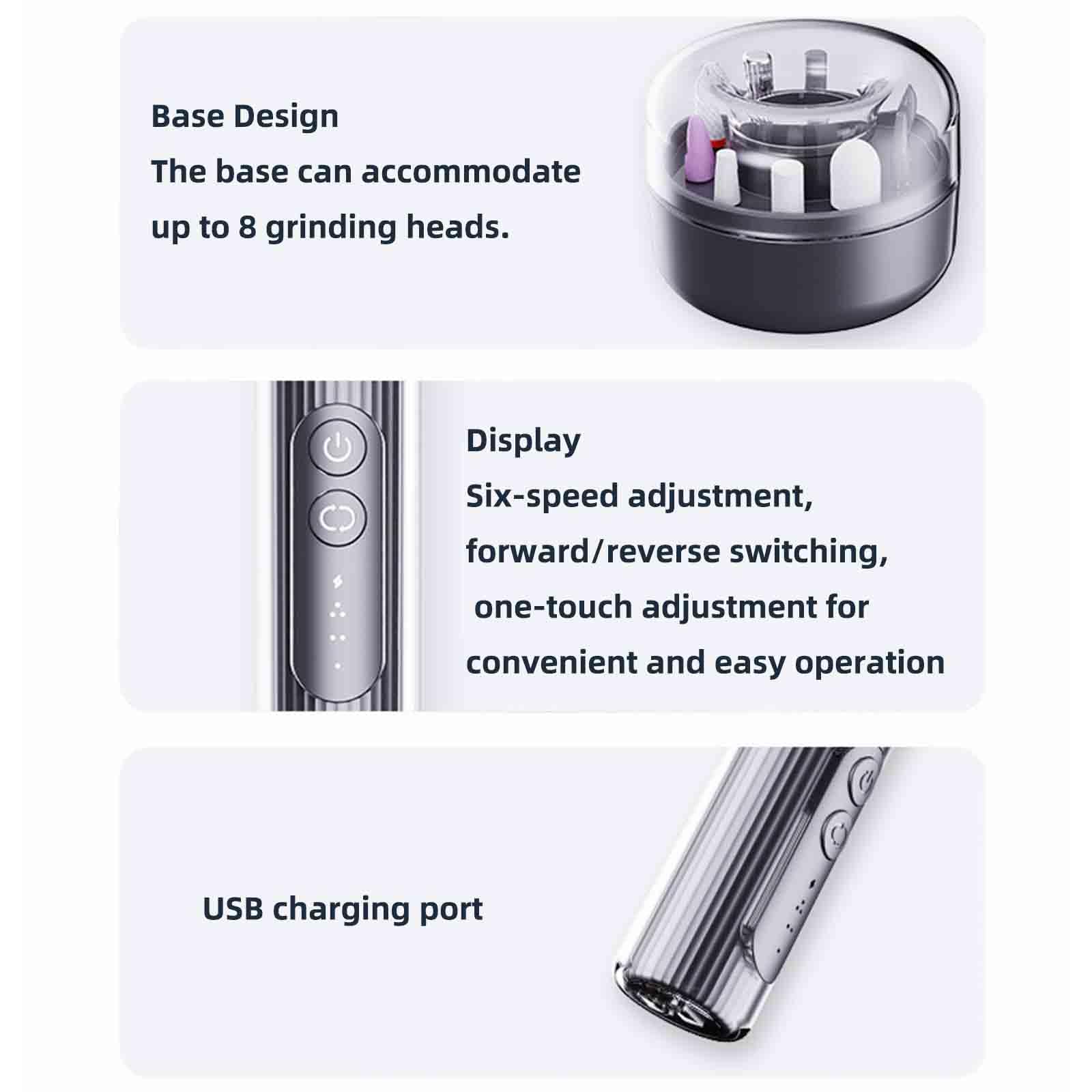 Torno Para Uñas Profesional Torno Uñas Cortauñas Electrico Adultos Nail cutter Alicate cortauñas Lima De Uñas Eléctrica Recargable Por USB Portátil 6 Velocidades Ajustables (24x130mm,Silver)