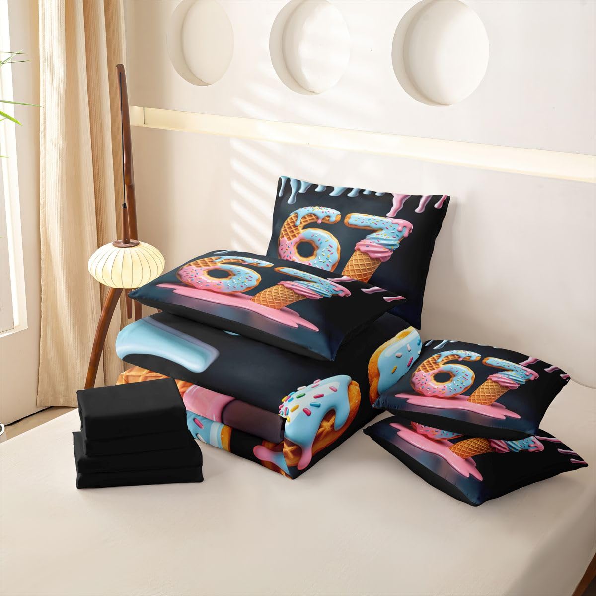 Loussiesd SIX SEVEN 6 7 Ice Cream Copripiumino Singolo 7 Pezzi Colorato Crema Candy Set di biancheria da letto per bambini Ragazzi Ragazze Dolce Dolce letto in una borsa con copripiumino, lenzuola