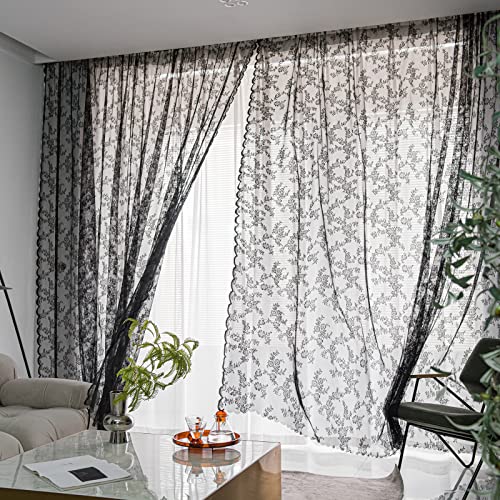 Deeprove Black Lace Curtains 84 Inches Long 2 Panels Set For Bedroom, Sheer Floral Embroideried Vintage Victorian Gothic Window Treatment Pair Ruffle Drape Pair For Halloween, Rod Pocket, W57 X L84 #TOP4