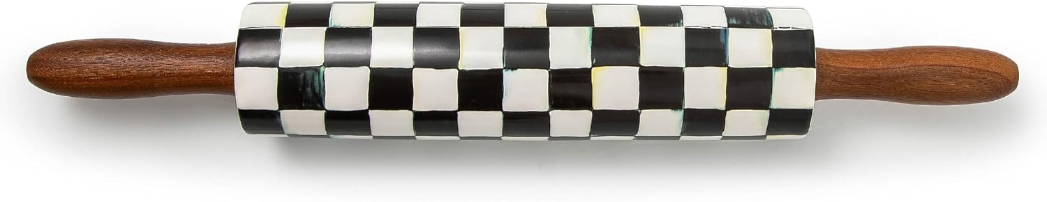 MACKENZIE-CHILDS Rolling Pin, Decorative Roller Pin for Baking, Cute Baking Supplies, Black-and-White Courtly Check