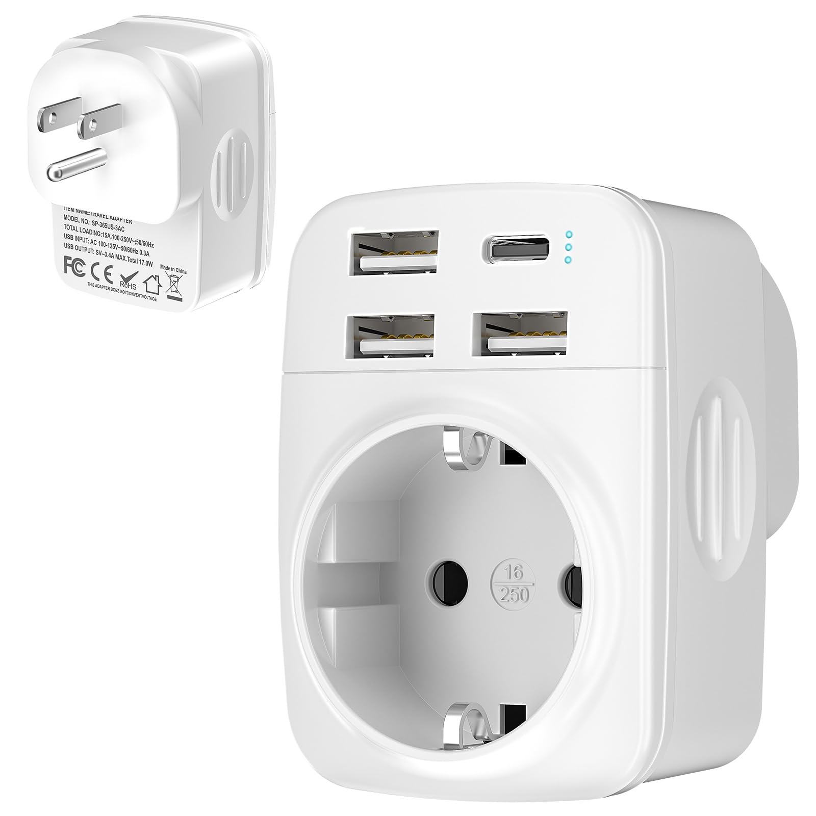Hoppac 5 en 1 Adaptateur Prise USA, Adaptateur Type B avec 3 USB A et 1 USB C, Adaptateur Prise Canada, Mexico, Antigua and Barbuda, Aruba, Bahamas, Barbados, Belize, Bermuda, Colombia, Costa Rica