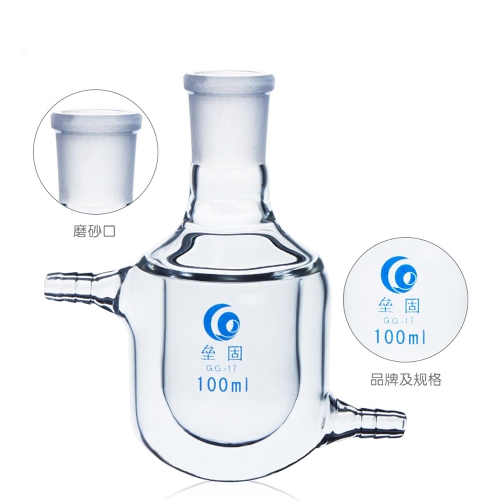 Frasco de vidrio para laboratorio, Frasco de reacción con camisa de un solo cuello Matraz de vidrio de silicato de pared gruesa Reactores de planta con camisa(250ml Caliber 24mm)