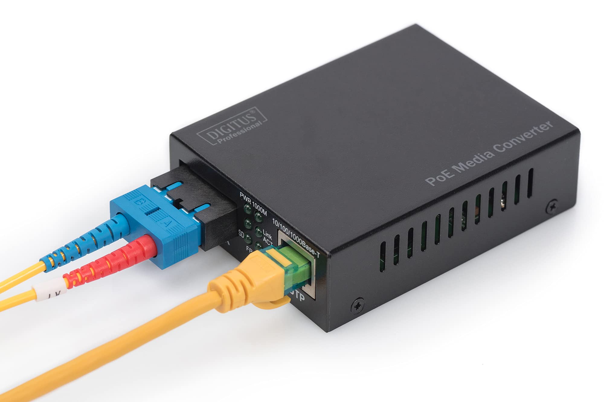 DIGITUS Convertisseur de média Gigabit – RJ45 vers SC Duplex – monomode | Injecteur PoE – 1 Gbit/s – longueur d'onde 1 310 nm – portée jusqu'à 20 km – cuivre vers fibre optique – noir