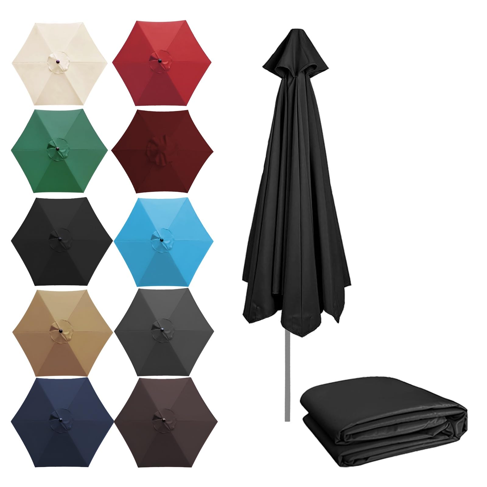 QIQVIV 200/270/300CM Umbrella Replacement Parasol Canopy, UV50+, Waterproof, 6/8 Ribs Sun Umbrella Replacement Cloth Garden Canopy Cover Replacement Cover(Black,(6Rib) 2.7m/106in)