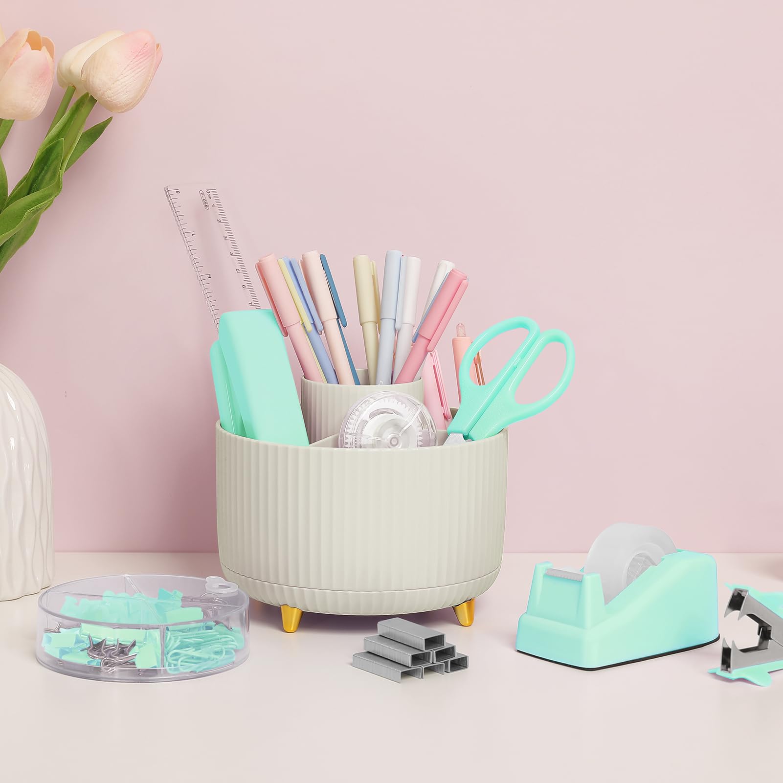 Accesorios de oficina, 10 unidades, soporte giratorio de 360 grados, suministros de oficina que incluyen grapadora, cinta, soporte de cinta, tijeras, regla, removedor de grapas, 1 caja de grapas, kit