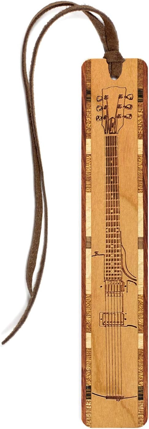 Electric Guitar Musical Instrument Engraved Wooden Bookmark with Suede Tassel - Made in USA - Also Available with Personalization
