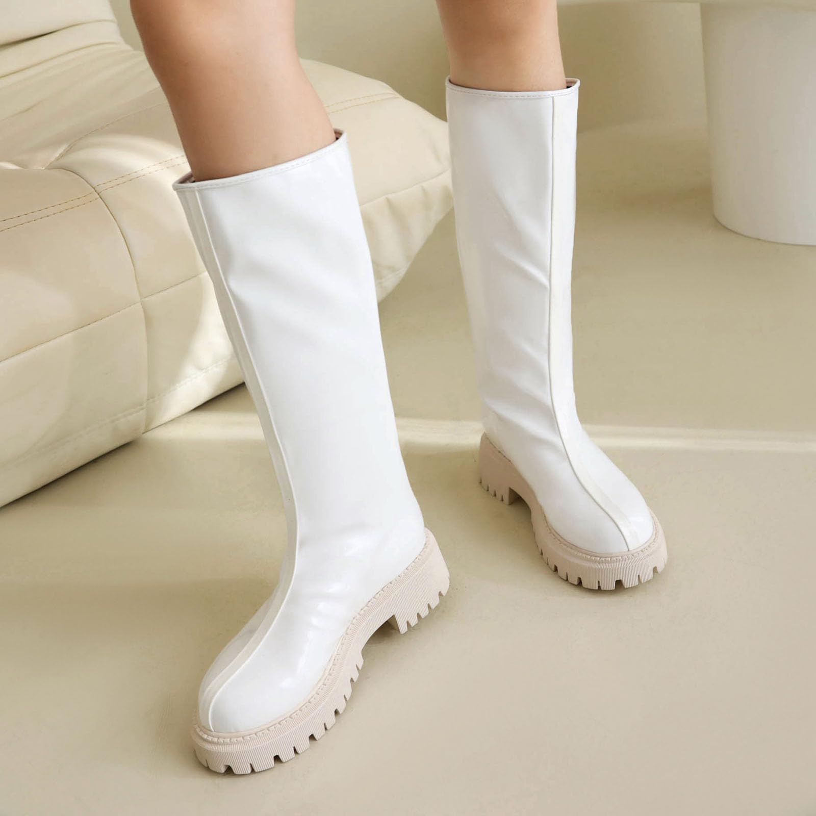 Bviennic Mujer Botas Planas Tacón Medio Botas de Media Pantorrilla Punta Rojoonda Sin Cordones Clásica Botas de Montar, Talla 34-43