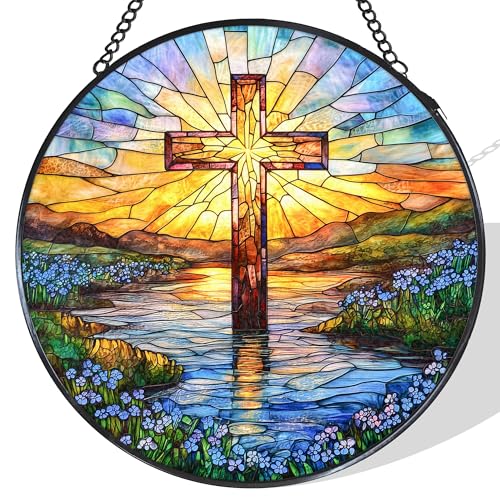 Cross Forget Me Not Stained Glass Hanging