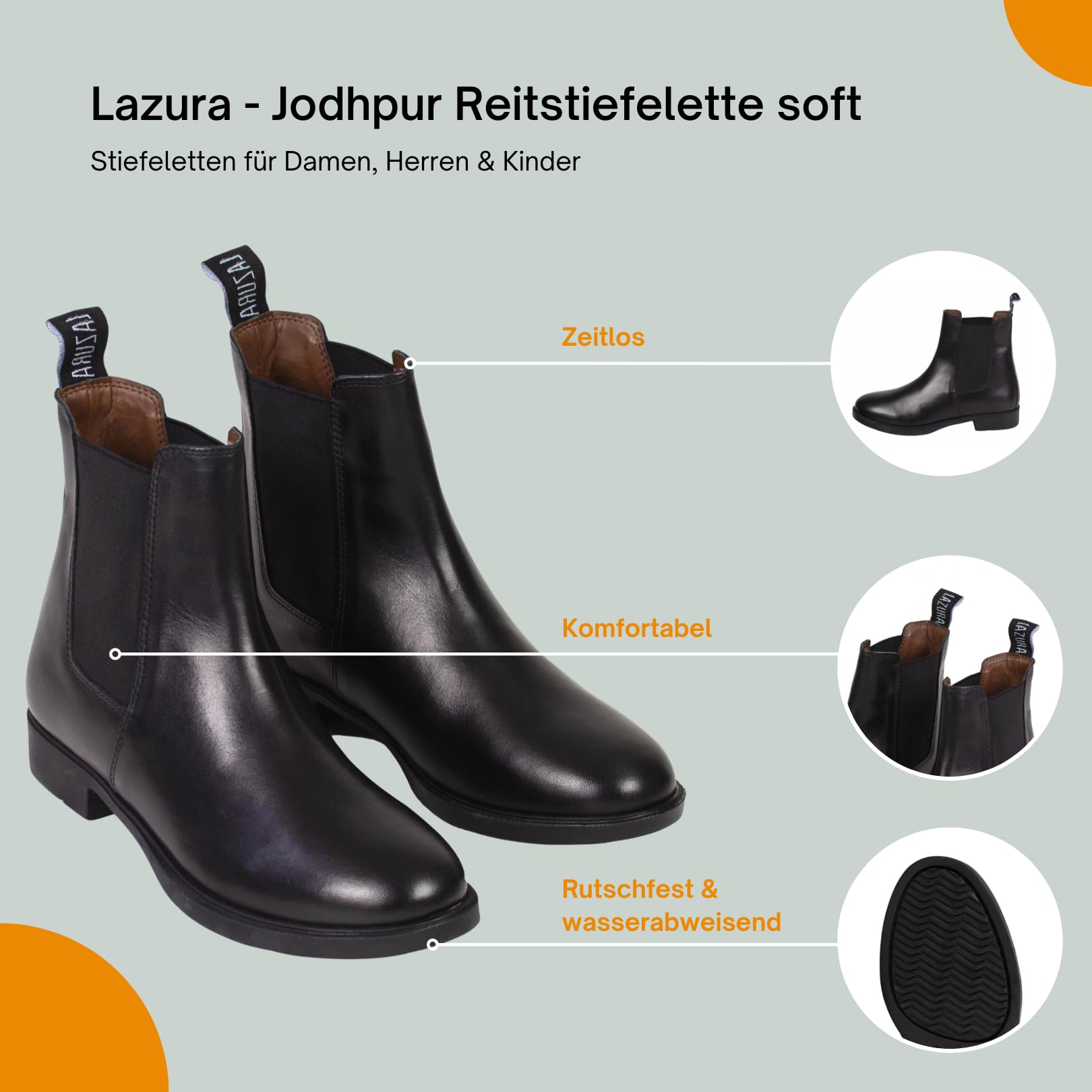 Lazura - Jodhpur Reitstiefelette Basic Plus | Kinder, Herren & Damen Stiefeletten mit Elastikeinsatz & Pull-On | schwarze Chelsea Boots aus Leder | Reitschuhe in Größe 28-46