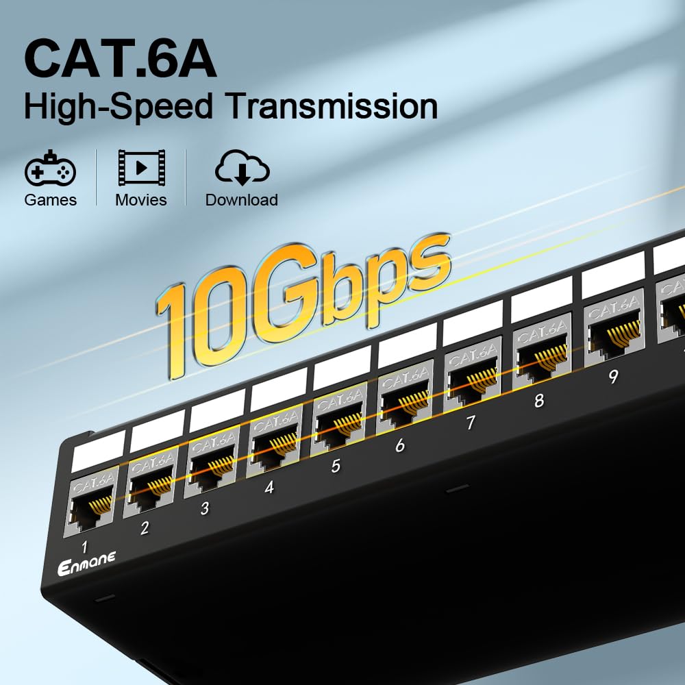 Panel de conexión de 12 puertos CAT6A Keystone Patch Panel de conexión blindado con gestión inteligente de cables para red doméstica/oficina (1U 12 puertos, CAT6A)