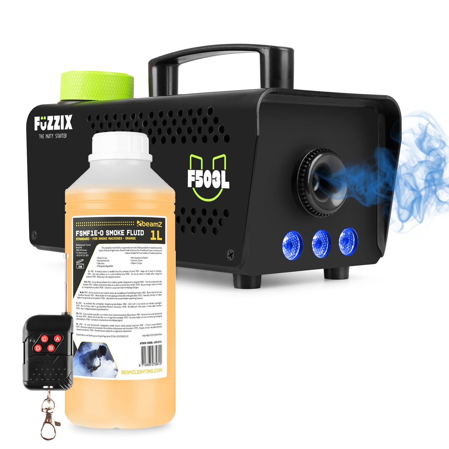 Fuzzix F503L Party Fog Machine with Built-in RGB LED Lights, Wireless Remote Control and 1L Smoke Fluid - Compact 500W Disco Fogger for Halloween, Home Parties, DJs, Small Venues & Events
