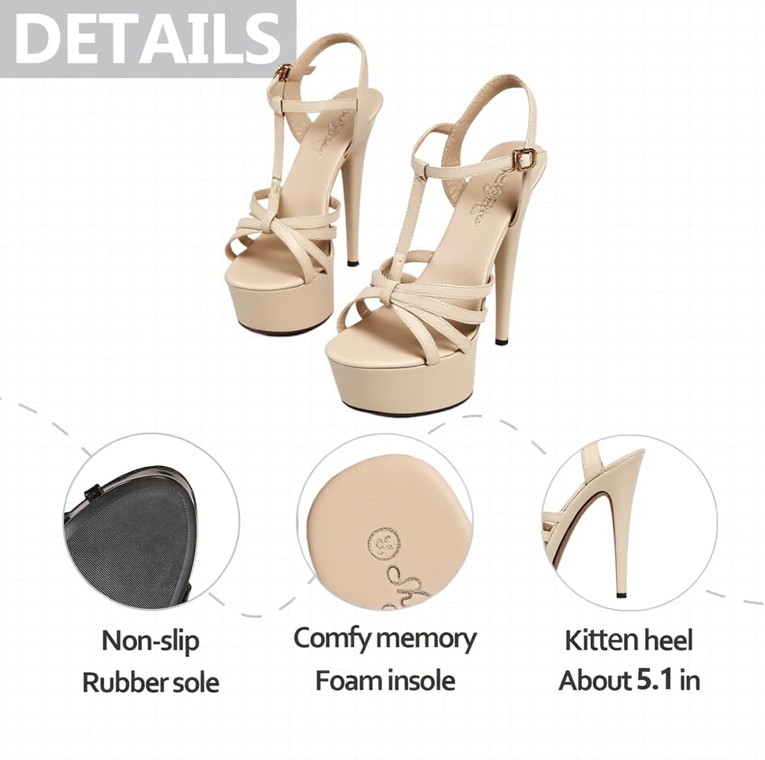 Womens Platform T-Strap High Stiletto Heel Sandals Fashion Slingback Round Peep Toe Thick Sole High Heels With Adjustable Ankle Strap Buckle For Party Prom