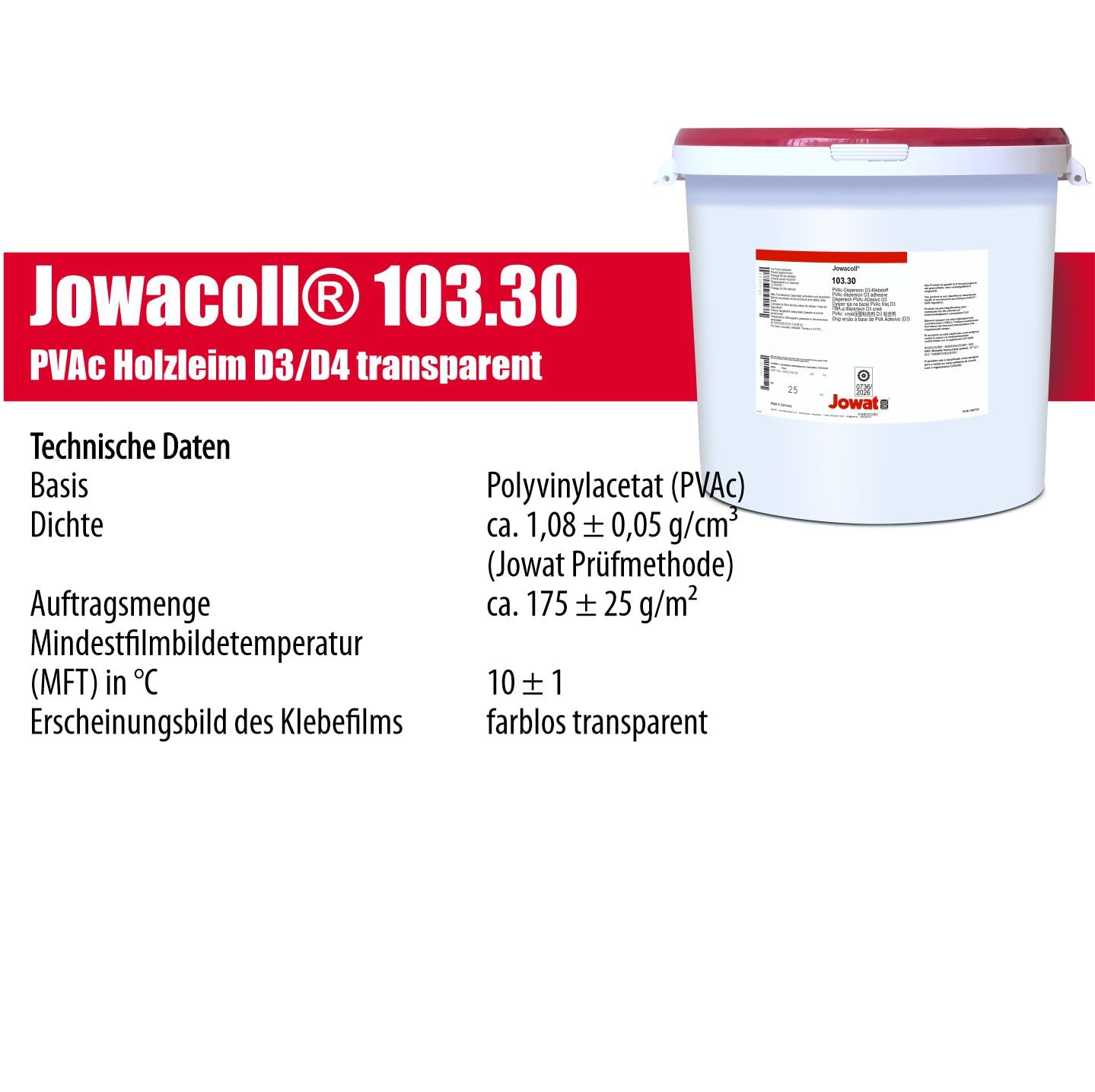 Jowat Jowacoll 103.30 25 kg Holzleim-Set inkl. Leimspachtel – Dispersionsleim für Holz, Kanten, Furniere & Möbelbau – hohe Festigkeit