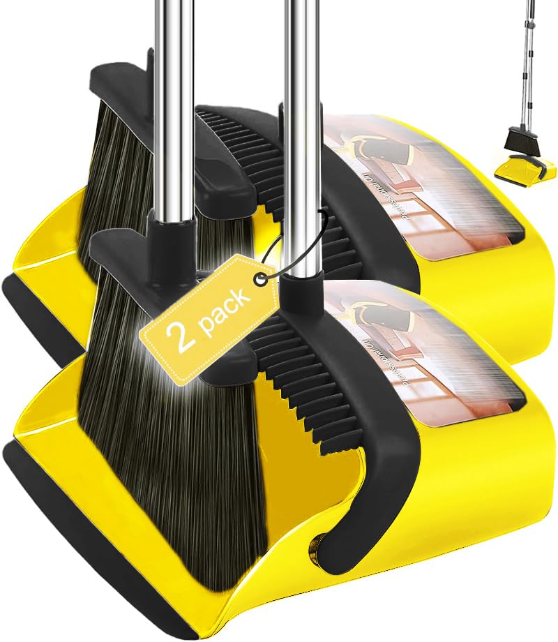 Image of 2-Pack is More economical,Brooms with Dustpan Combo Set， with 52" Long Handle, Dustpan Teeth with self-Cleaning Function, Indoor and Outdoor Sweeping, Perfect for Home Office(Large/Yellow /2-Pack).