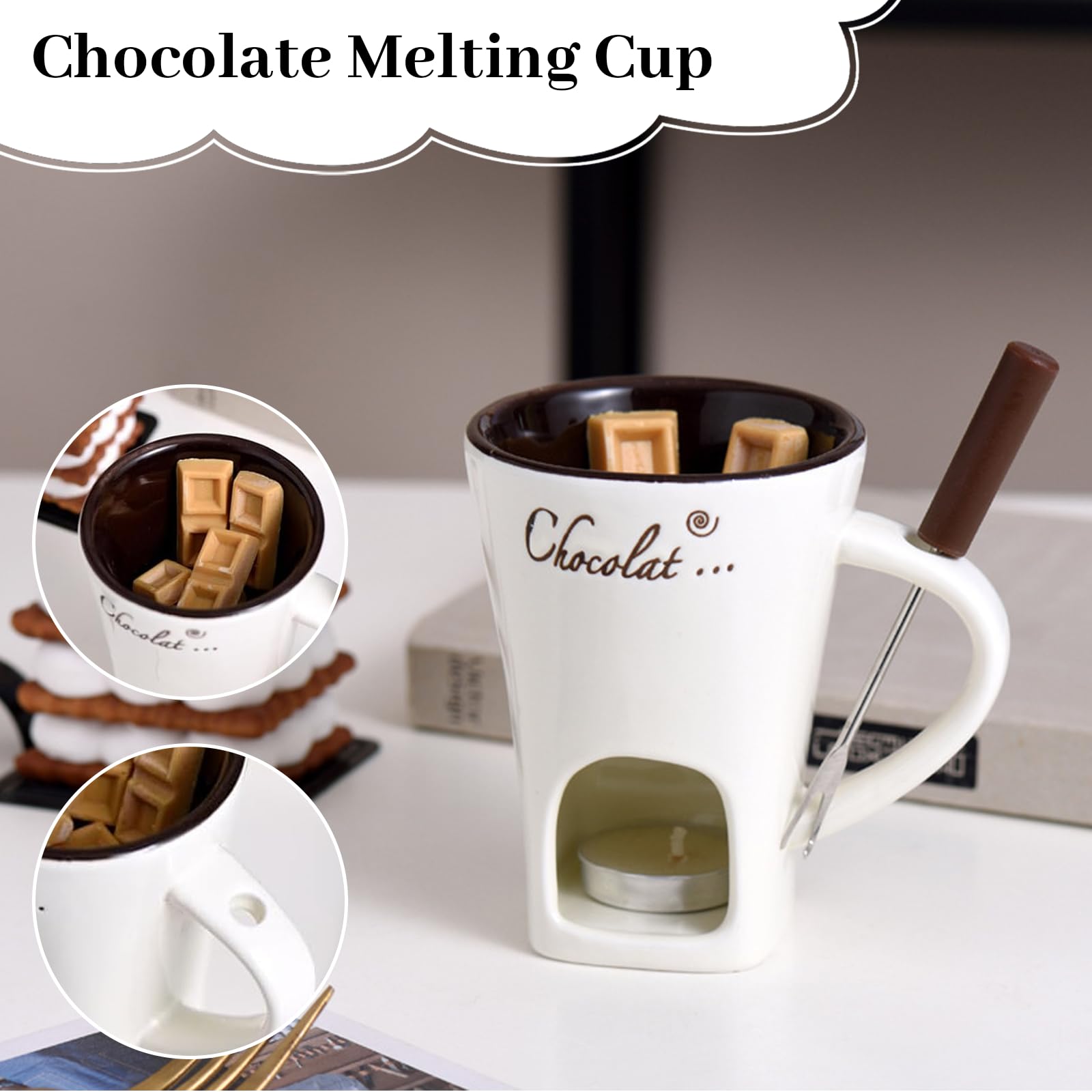 Tazza Cioccolata Calda Candela 130ml Ceramica con Forchette, Scaldacioccolato per Casa (Bianco)