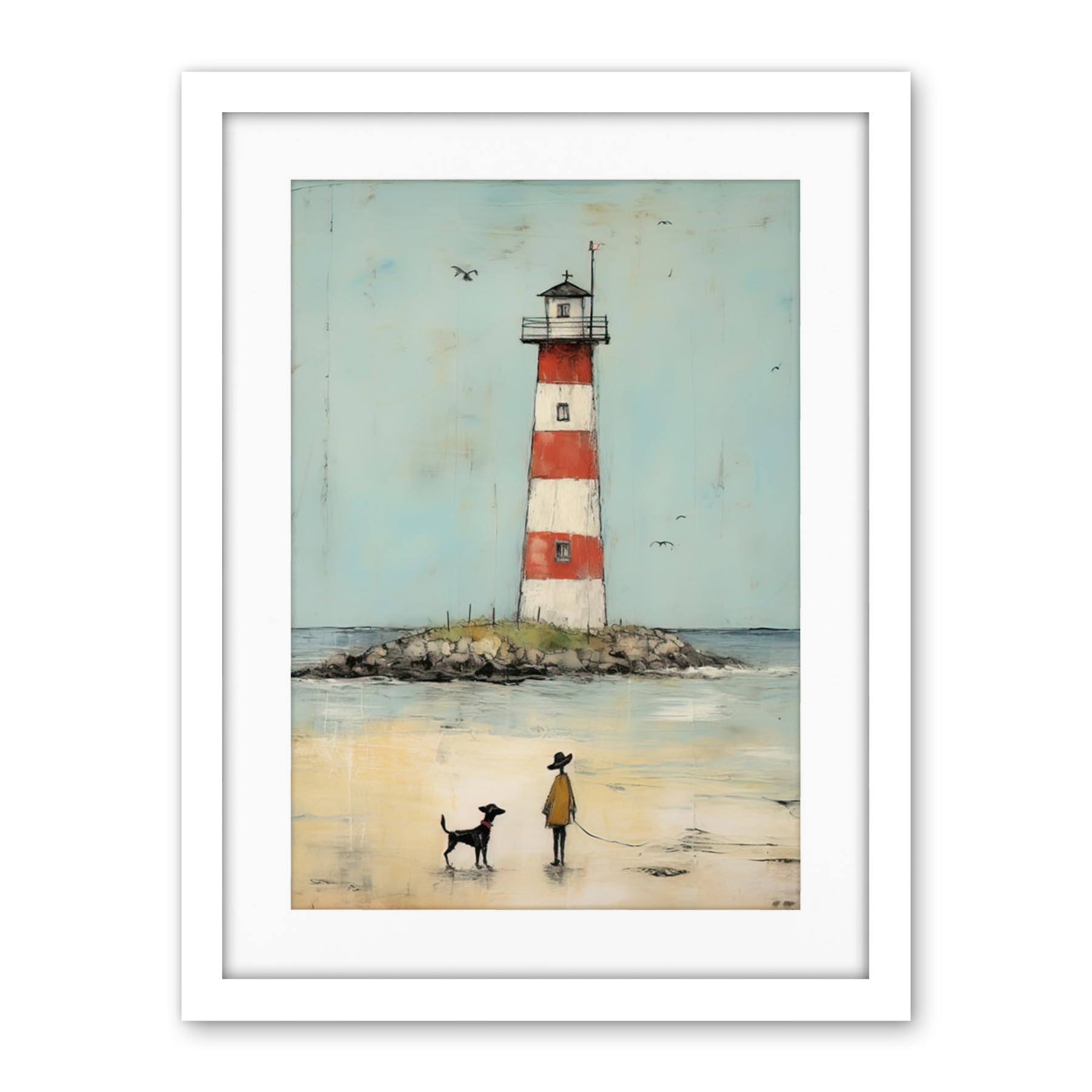 Artery8 Lighthouse Pastel Colour Painting Bathroom Artwork Red Blue Ochre Boy and Pet Dog Beach Walk Artwork Framed Wall Art Print 18X24 Inch