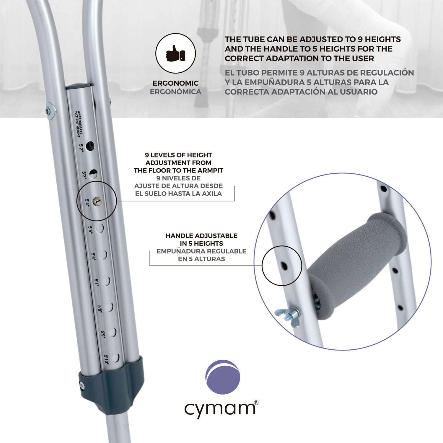 Muletas Axilares Anatómicas – Pack de 2 Unidades - Talla M (113–133 cm) - Aluminio Resistente, Regulables en Altura con Almohadilla Axilar de Caucho