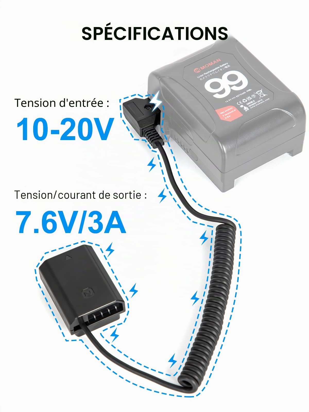 Moman D-Tap vers NP-FZ100 Dummy Câble V-Mount Batterie, Adaptateur d'alimentation Extensible Battery Factice pour Appareil Photo Sony A7III A7RIII A7R4 A7MIII A7M4 A9 A9S A6600