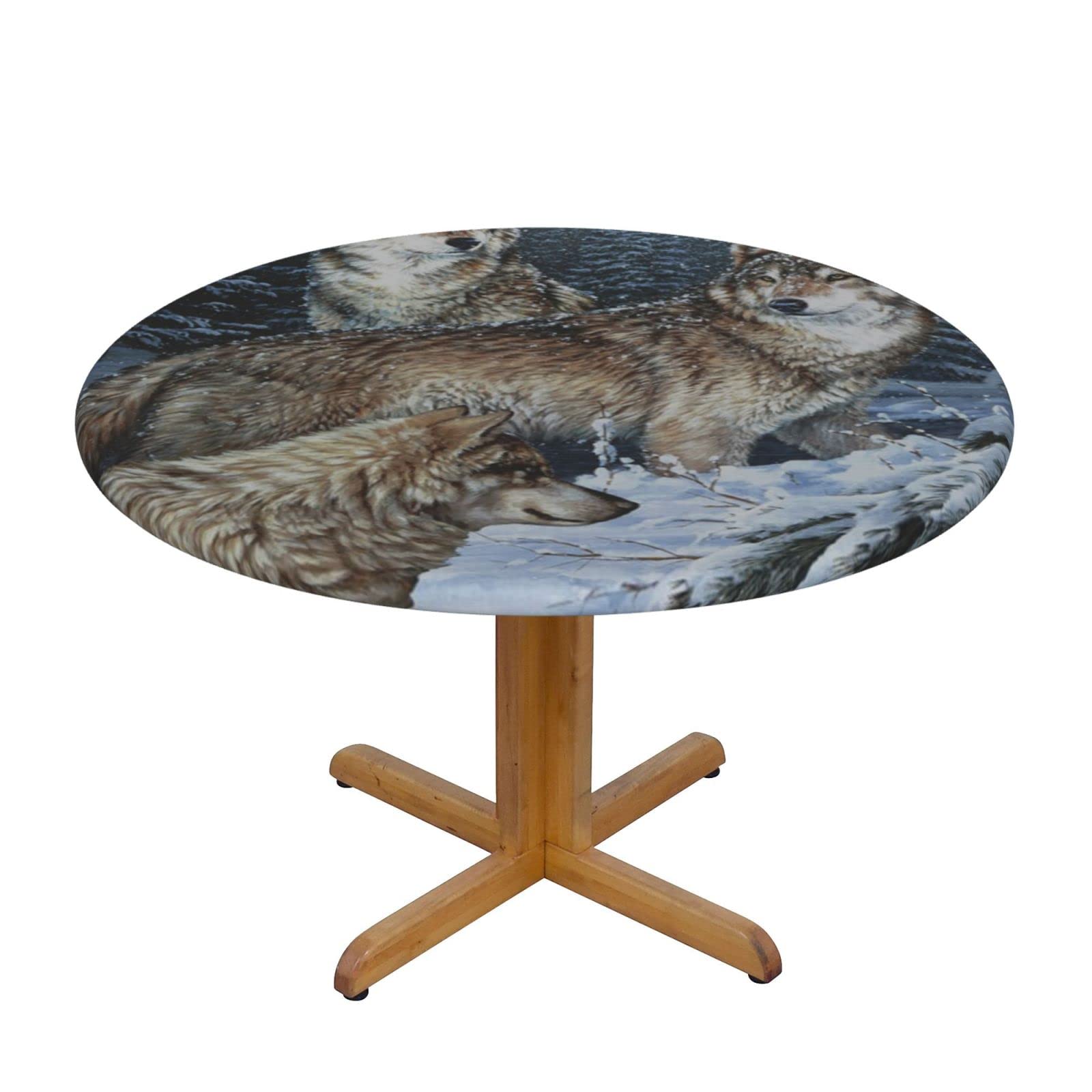 Lsjuee Round Fitted Tablecloth 45-50in Elastic Edged Table Cloth for Kitchen Dining Party Home Decor - Wolves Wolf Snow Brown