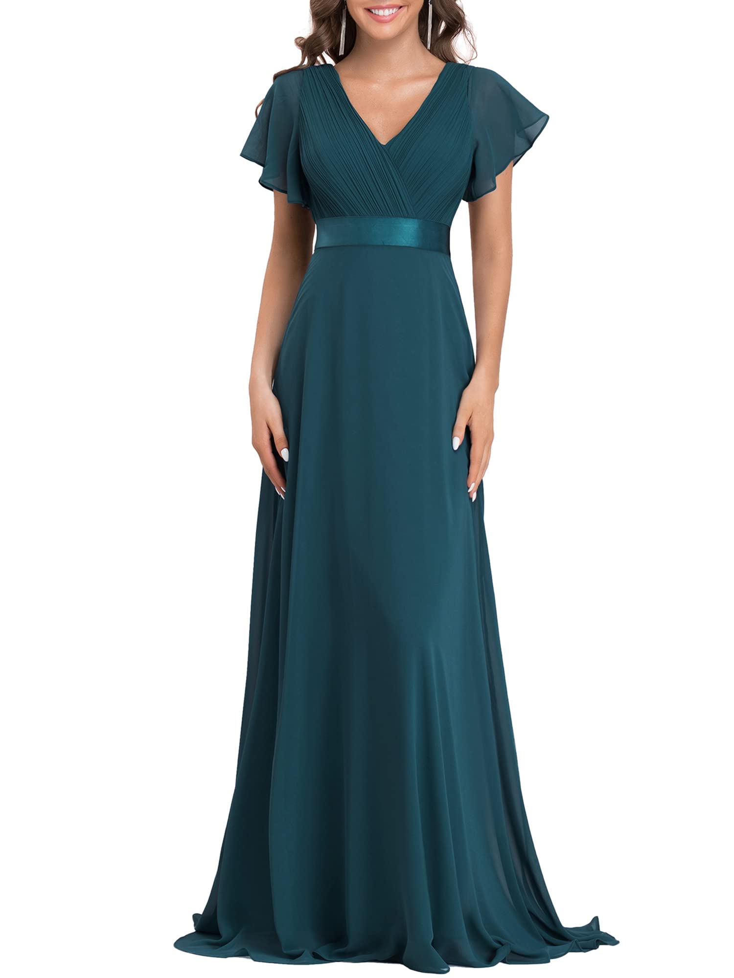 Ever-Pretty A-línea Vestido de Fiesta Cuello en V Manga Corta Gasa Corte Imperio para Mujer 09890