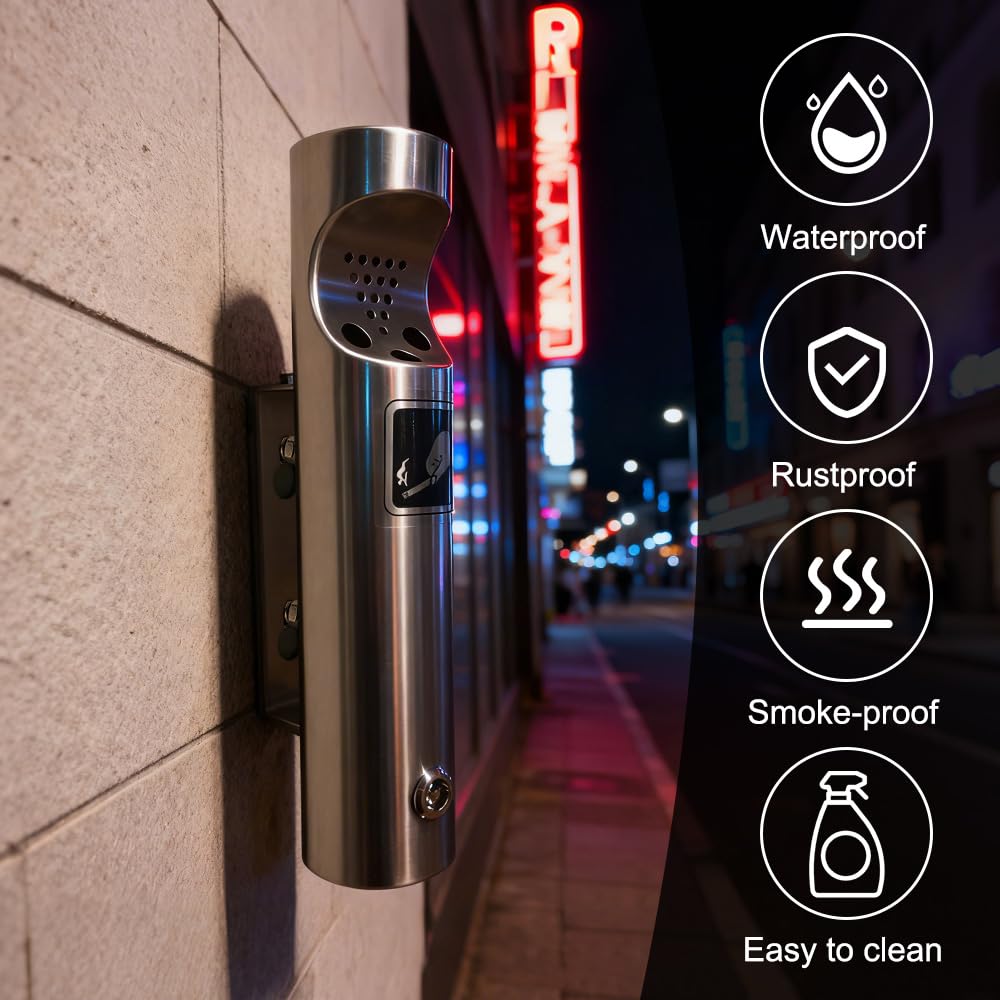Cenicero Exterior Pared, Cenicero de Pared Exterior de Acero Inoxidable, Tubular con Cerradura, para Patios, Hoteles y Jardines