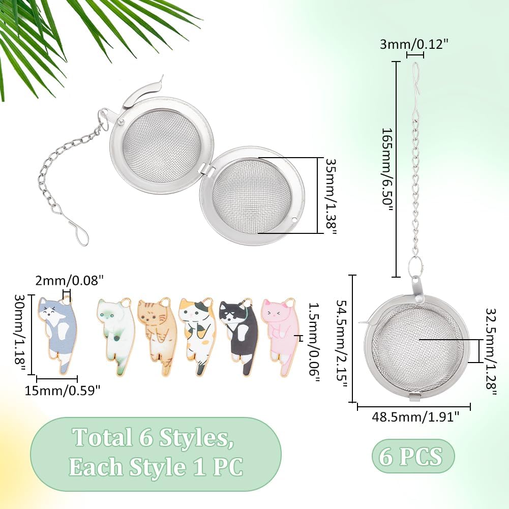 UNICRAFTALE 6pcs Mesh Cat Tea Infusers Stainless Steel Tea Filters Set Tea Ball Strainer Cages with Long Chain and Enamel Cat Charms Strainer Cages Holder for Brew Tea, Spices & Seasoning