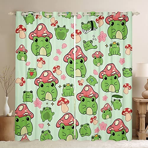 Homewish Mushroom Frog Window Curtain Cute Mushroom Curtains for Kids Girls Boys Bedroom Decor Cartoon Animals Plants Window Treatment Curtain Pink Green Window Drapes,Top 2 Panel,42Wx63L
