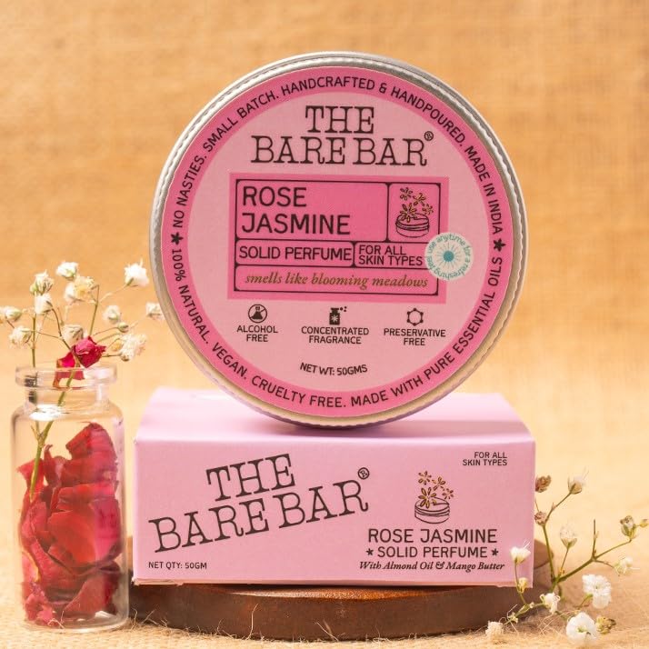 Image of The Bare Bar Rose Jasmine Solid Perfume - 50gm | Floral Fragrance| Odor & Sweat Control | Natural formula and Chemical free| Good for all skin types | Travel Mini Size Solid Perfume for Men & Women