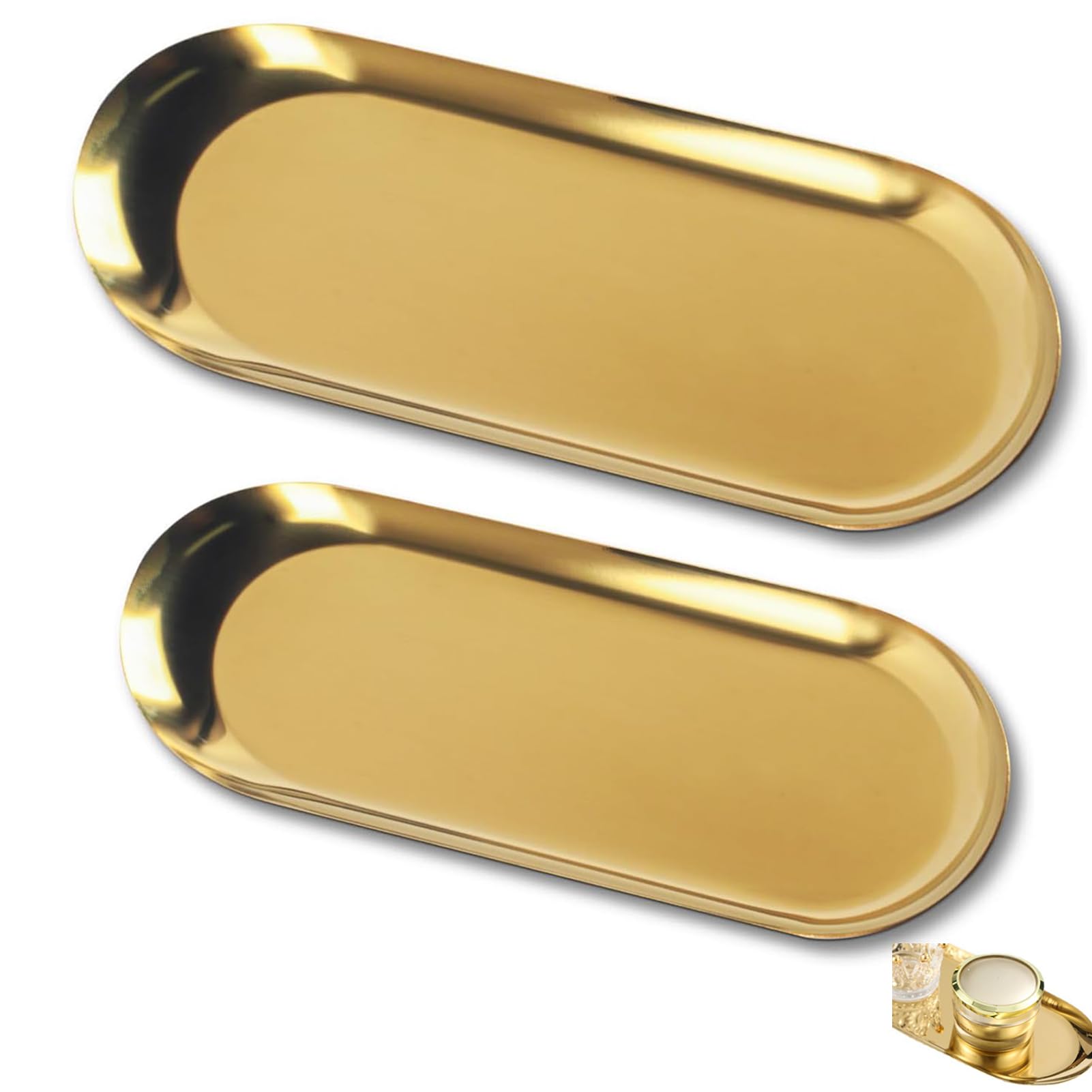 2 Pcs Gold Oval Tray, Stainless Steel Decorative Tray, Multi-Purpose Elegant Metal Ornament Tray for Coffee Table, Vanity, Bedroom, Bathroom, Makeup Organiser, Snack Holder, Cosmetic Dish Bowl (S&M)
