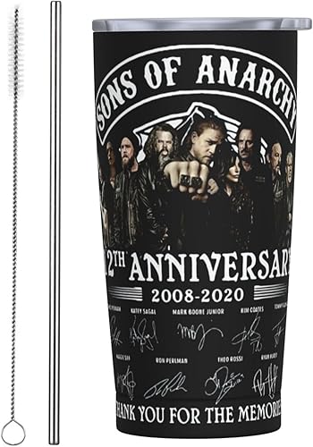 Miniatura 1 de Vaso de 20 onzas con aislamiento de Sons of Horror Drama Anarchy, taza de café de doble pared de acero inoxidable, taza de viaje con popote y tapa