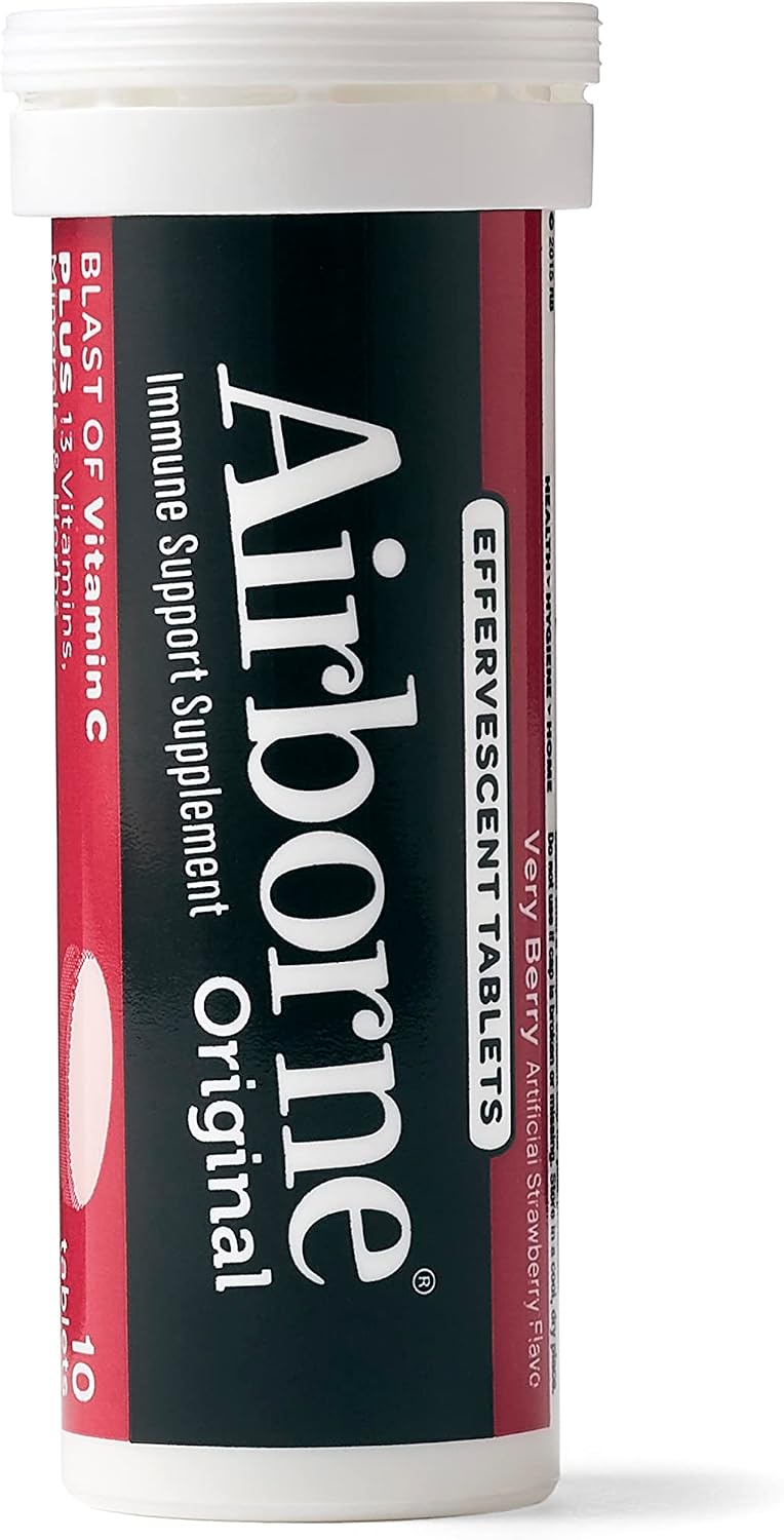 Airborne 1000mg Vitamin C with Zinc, SUGAR FREE Effervescent Tablets, Immune Support Supplement with Powerful Antioxidants Vitamins A C & E - 30 Fizzy Drink Tablets, Very Berry Flavor