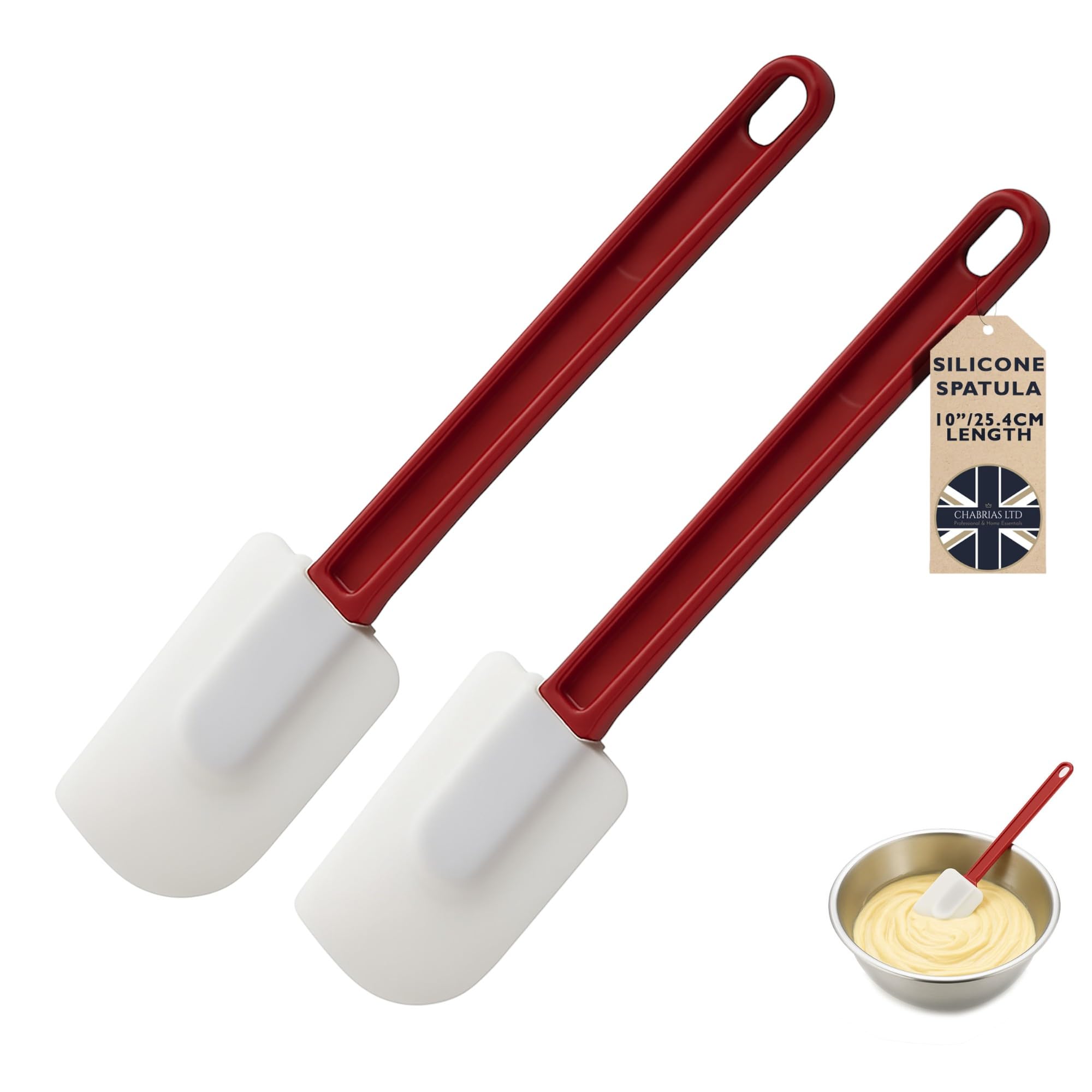 Chabrias Professional High Heat Silicone Spatula - Extra Long, Heat Resistant to 260°C, Non-Stick Safe, Heavy-Duty Cooking Utensil for Baking, Mixing, Scraping & Stir-Fry - BPA Free, (2, 10" Spatula)
