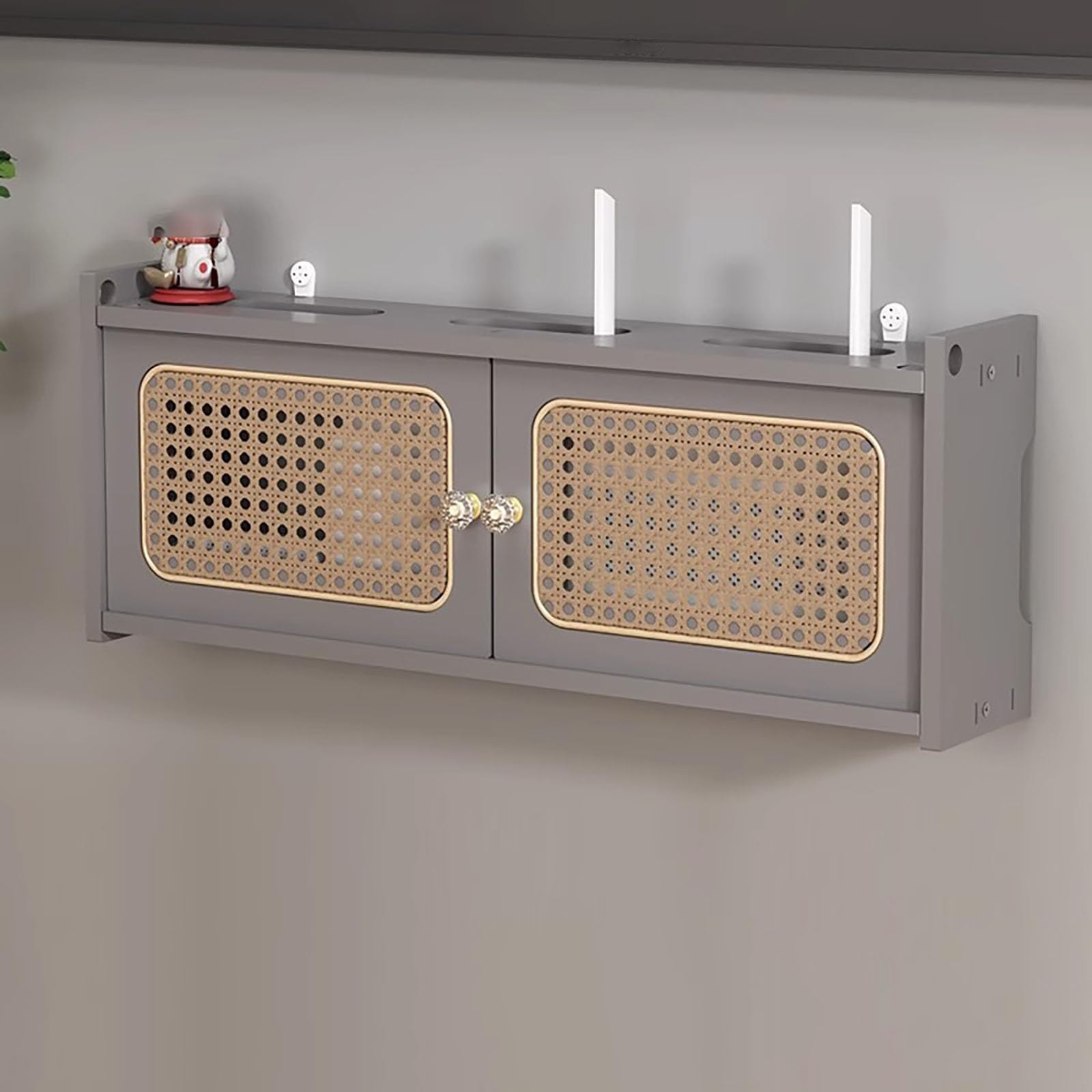 Étagère murale en rotin pour routeur – Élégante boîte WiFi et armoire de rangement pour routeur sans fil pour la maison et le bureau – Vert 40 x 11 x 23 cm – Fonctionnelle