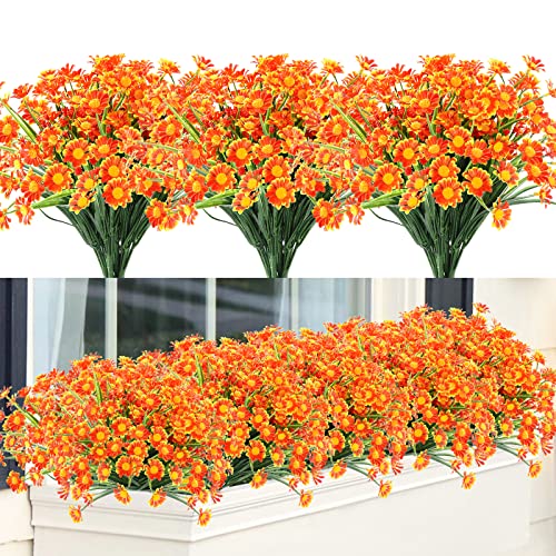 Greenrain 6 Bundles Artificial Daisy Flowers Outdoor Fake Flowers For Decoration No Fade Faux Plastic Flower Garden Porch Window Box Décor (Orange Red) #TOP9