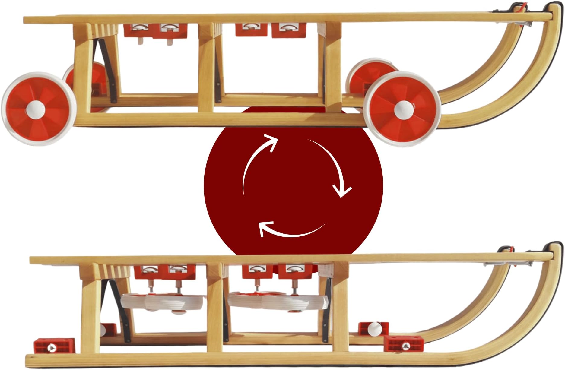 Rolling Toboggan - Wooden sledges with wheels for rolling on tar - Reversible solid rubber wheels - with holder under seat/incl. Pulling rope - Davos toboggan 110cm loadable up to 80 kg