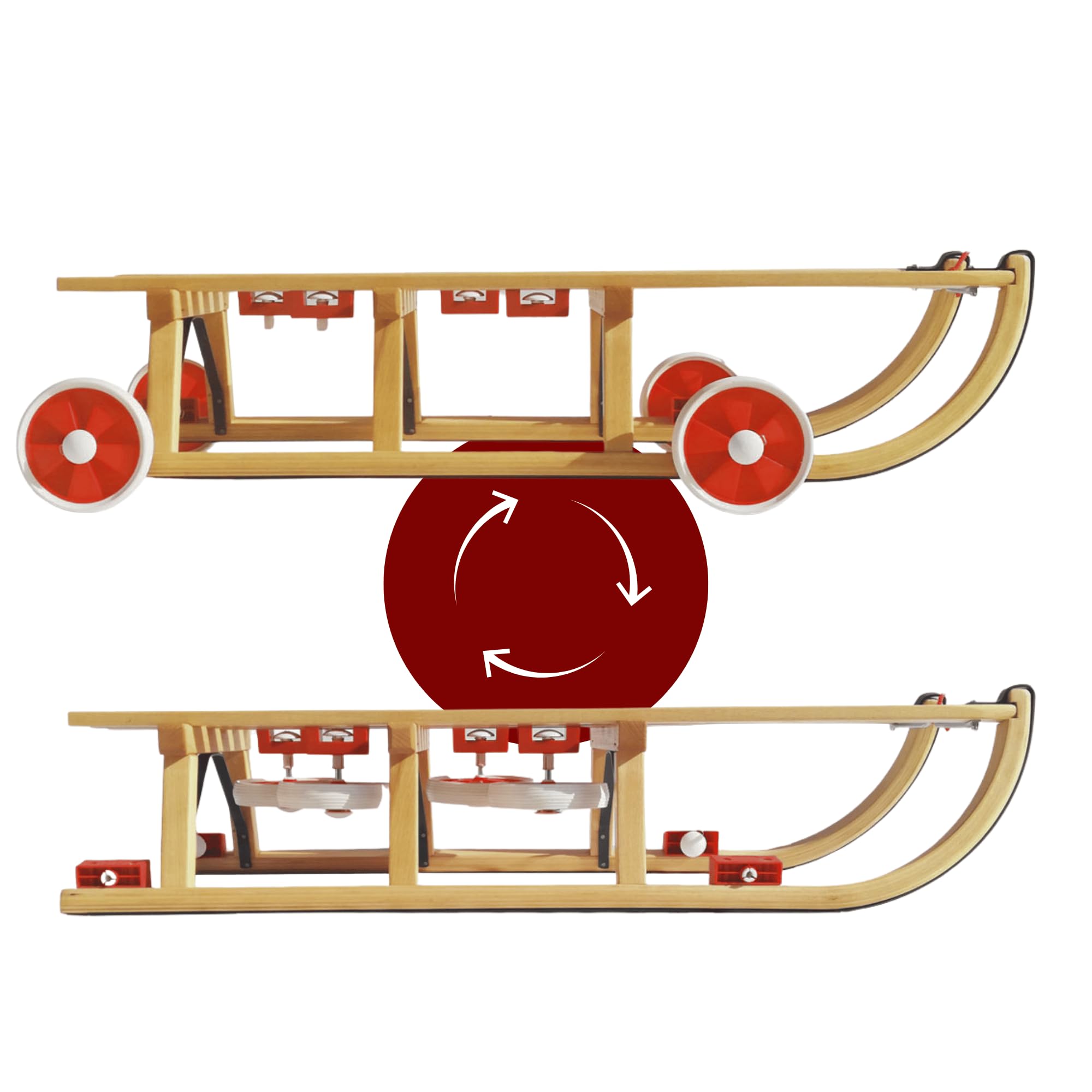 Rolling Toboggan - Wooden sledges with wheels for rolling on tar - Reversible solid rubber wheels - with holder under seat/incl. Pulling rope - Davos toboggan 110cm loadable up to 80 kg