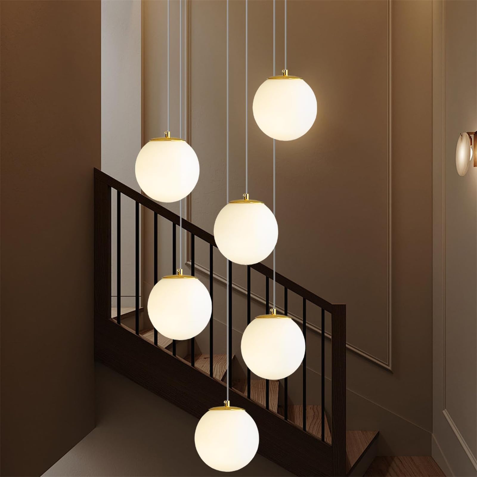 Lustre Moderne à 6 lumières en Forme de Globe, luminaire Suspendu Haut de Plafond, Boule en Verre Blanc, éclairage Suspendu pour Salon, escalier, entrée, Salle à Manger, Cuisine