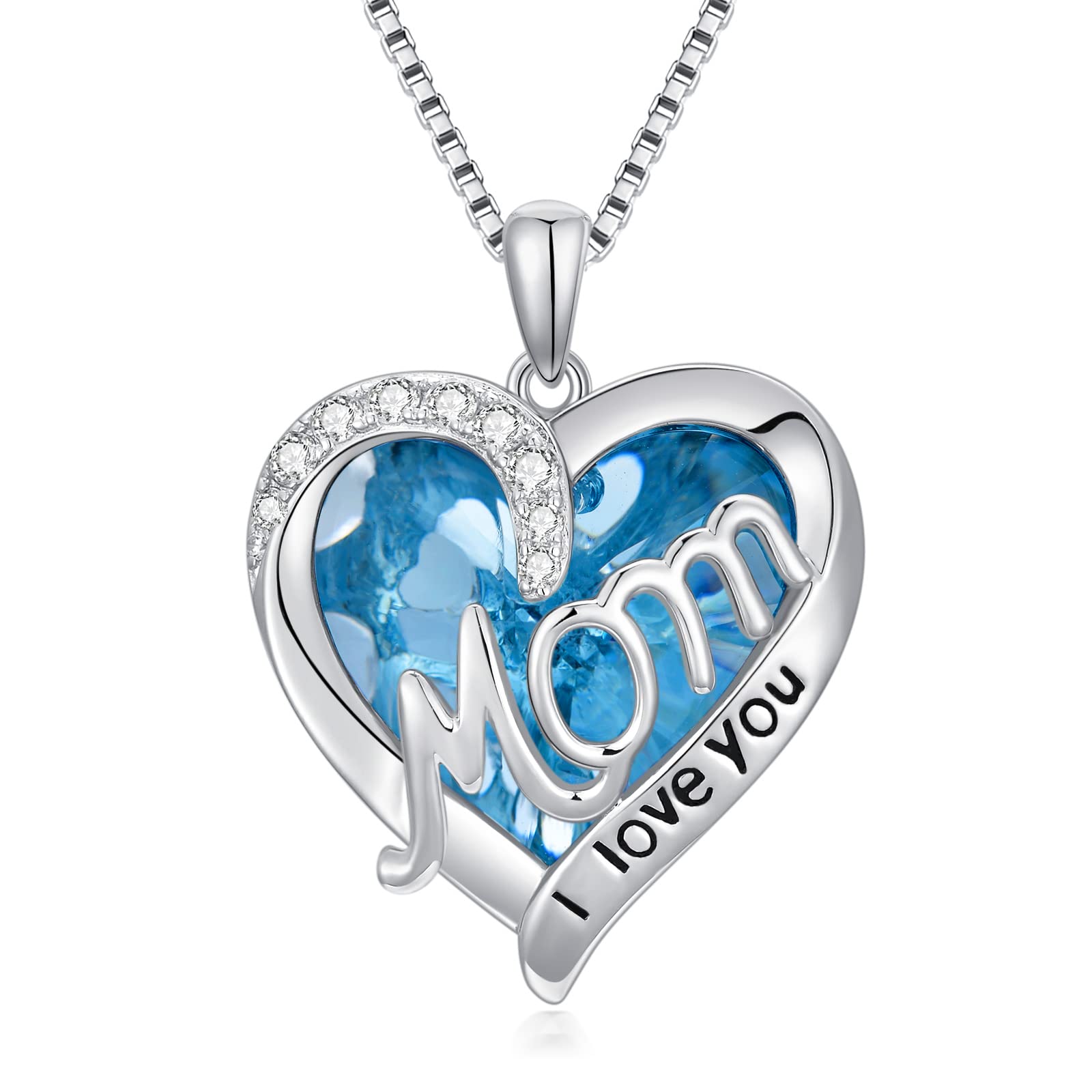 TOUPOP Gifts for Mom Sterling Silver Heart Crystal Necklace I Love You Mom Jewelry Anniversary Birthday Christmas Gifts for Women Mother Mama Grandma