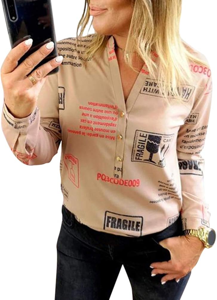 Shallgood Damen Bluse Langarm V Ausschnitt Elegant Zeitungsdruck Lange Armel Lassige Blumen Hemd Casual Oberteile Tops Amazon De Bekleidung